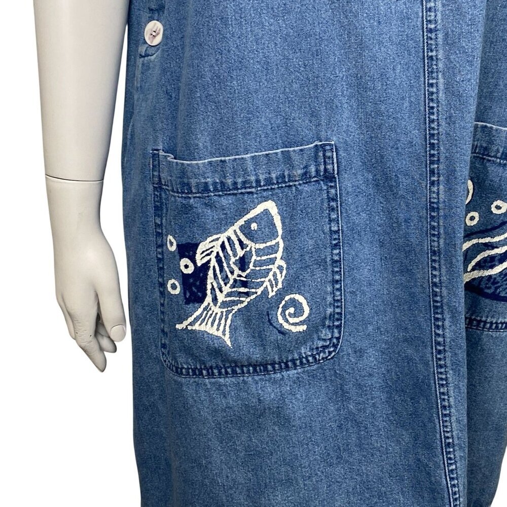 Vintage Denim Sleeveless Apron Dress Size XL Fish Motif Side Buttons Relaxed Fit - Picture 4 of 7